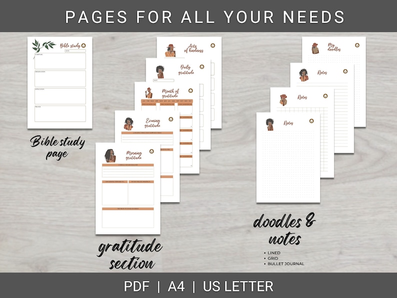 May include: Printable digital planner pages featuring a black woman with brown hair and a brown outfit. The pages include sections for Bible study, gratitude, and doodles and notes. The pages are available in A4 and US Letter sizes.