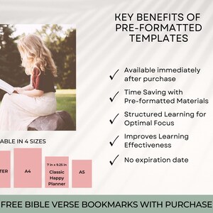 May include: A pink and white graphic with the text "KEY BENEFITS OF PRE-FORMATTED TEMPLATES" and a list of benefits including "Available immediately after purchase", "Time Saving with Pre-formatted Materials", "Structured Learning for Optimal Focus", "Improves Learning Effectiveness", and "No expiration date". The graphic also includes a section titled "AVAILABLE IN 4 SIZES" with four boxes labeled "US LETTER", "A4", "7 in x 9.25 in Classic Happy Planner", and "A5". The graphic also includes the text "FREE BIBLE VERSE BOOKMARKS WITH PURCHASE".