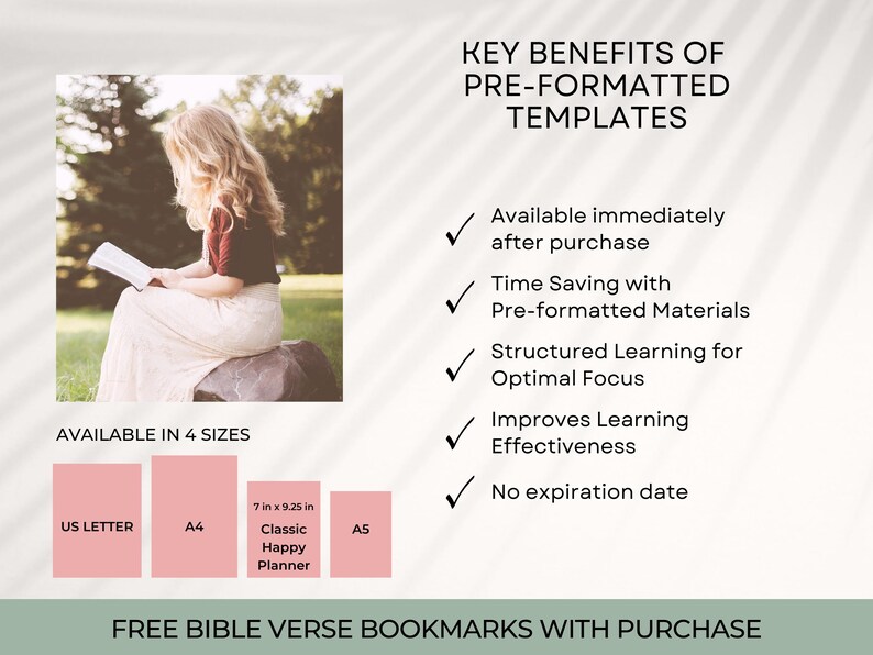 May include: A pink and white graphic with the text "KEY BENEFITS OF PRE-FORMATTED TEMPLATES" and a list of benefits including "Available immediately after purchase", "Time Saving with Pre-formatted Materials", "Structured Learning for Optimal Focus", "Improves Learning Effectiveness", and "No expiration date". The graphic also includes a section titled "AVAILABLE IN 4 SIZES" with four boxes labeled "US LETTER", "A4", "7 in x 9.25 in Classic Happy Planner", and "A5". The graphic also includes the text "FREE BIBLE VERSE BOOKMARKS WITH PURCHASE".