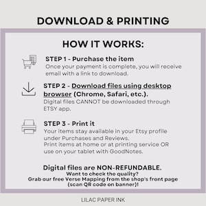 K&ouml;nnte beinhalten: Eine lila und wei&szlig;e Grafik mit dem Text "Download & Druck" und "So funktioniert's:"  Die Grafik erkl&auml;rt die Schritte zum Kauf, Herunterladen und Drucken digitaler Dateien.  Der Text besagt auch, dass digitale Dateien nicht r&uuml;ckerstattbar sind.  Die Grafik enth&auml;lt einen QR-Code und den Text "Lilac Paper Ink".