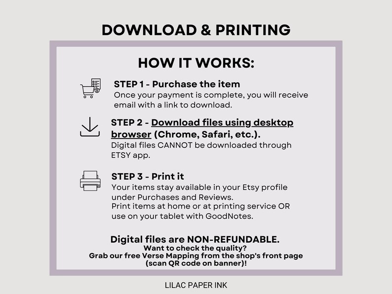 K&ouml;nnte beinhalten: Eine lila und wei&szlig;e Grafik mit dem Text "Download & Druck" und "So funktioniert's:"  Die Grafik erkl&auml;rt die Schritte zum Kauf, Herunterladen und Drucken digitaler Dateien.  Der Text besagt auch, dass digitale Dateien nicht r&uuml;ckerstattbar sind.  Die Grafik enth&auml;lt einen QR-Code und den Text "Lilac Paper Ink".