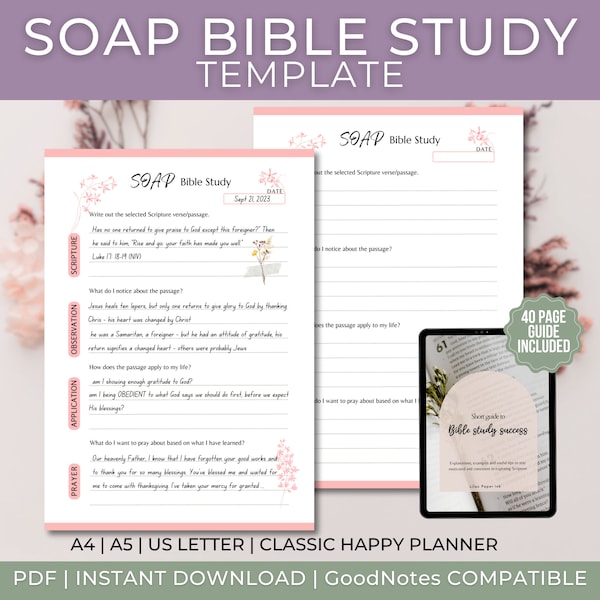 SOAP Bible Study Printable Template, Digital Bible study journal, Devotional journal, Prayer journal, Floral