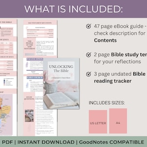 May include: A pink and white digital printable Bible study guide with the text "Unlocking The Bible" and "A Beginner's Cheat Sheet". The guide includes a 47-page eBook, a 2-page Bible study template, and a 3-page Bible reading tracker. The guide is available in US Letter and A4 sizes.