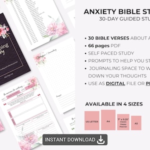Puede incluir: Un estudio b&iacute;blico guiado de 30 d&iacute;as sobre la ansiedad en descarga digital, con portada oscura y motivos florales rosas, 66 p&aacute;ginas con ejercicios de diario, vers&iacute;culos y secciones de oraci&oacute;n, disponible en tama&ntilde;os US Letter, A4, A5.