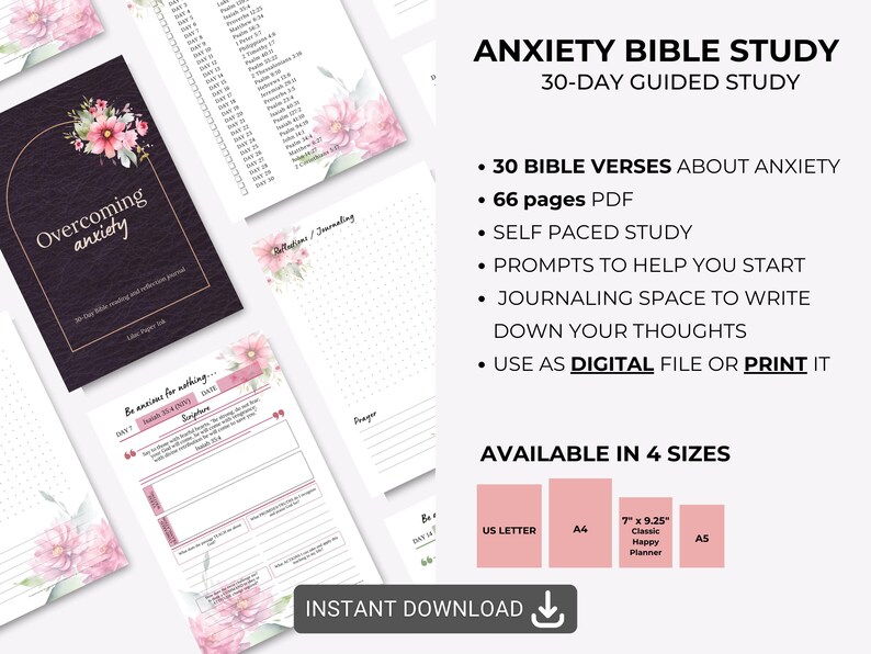 Puede incluir: Un estudio b&iacute;blico guiado de 30 d&iacute;as sobre la ansiedad en descarga digital, con portada oscura y motivos florales rosas, 66 p&aacute;ginas con ejercicios de diario, vers&iacute;culos y secciones de oraci&oacute;n, disponible en tama&ntilde;os US Letter, A4, A5.