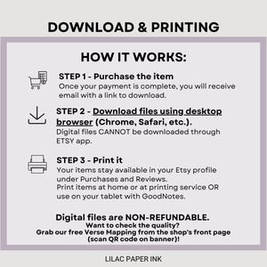 May include: An instructional graphic titled DOWNLOAD & PRINTING HOW IT WORKS with three steps: 1. Purchase the item, 2. Download files using desktop browser, 3. Print it. It notes digital files are non-refundable and mentions Lilac Paper Ink.