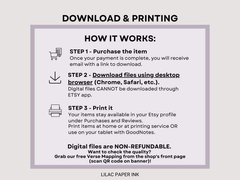 May include: An instructional graphic titled DOWNLOAD & PRINTING HOW IT WORKS with three steps: 1. Purchase the item, 2. Download files using desktop browser, 3. Print it. It notes digital files are non-refundable and mentions Lilac Paper Ink.