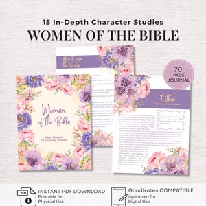 May include: A 70-page digital journal titled Women of the Bible featuring 15 in-depth character studies. The cover and pages are decorated with watercolour purple and pink floral illustrations, gold text, and include a section on Esther.