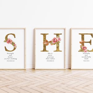 Christian Gallery Set of 3, Christian Nursery Floral Bible Verse Wall Art, Proverbs 31, Psalm 139:14, Modern Christian Art