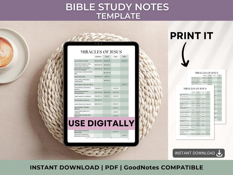 May include: Printable Bible study notes template with a green and white table listing the miracles of Jesus with references to the books of Matthew, Mark, Luke, and John. The text "PRINT IT" and "USE DIGITALLY" are visible on the image. The text "INSTANT DOWNLOAD | PDF | GoodNotes COMPATIBLE" is at the bottom of the image.