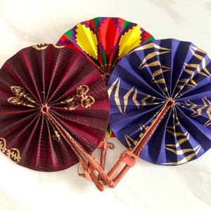 Set of 3 Combo Ankara fabric  folding handmade fan with leather handle.