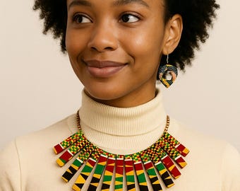 Handmade African Statement Jewelry, ankara statement necklace and earrings, gifts for her, Kente necklace, fabric jewelry.