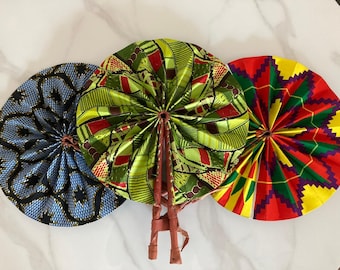 Set of 3 Ankara fabric  folding handmade fan with leather handle.