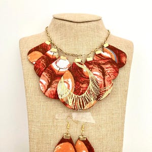 Rust Orange Ankara Fabric Teardrop Necklace & Earrings Set