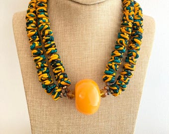 Handmade Ankara Necklace: Bold African Print Fabric with Orange Bead