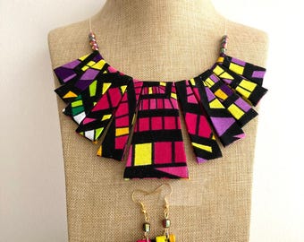 Handmade Ankara Fabric Bib Necklace Set,African Print Statement Jewelry, African handmade statement necklace