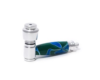 Blue and Green Resin Swirl Handcrafted Pipe | Aluminum Compact Travel Smoking Pipe | Recreational Pipe