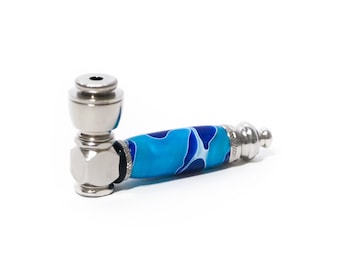 Blue Resin Swirl Handcrafted Pipe | Aluminum Compact Travel Smoking Pipe | Recreational Pipe