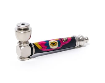 Black Sugar Skull Pink Face Wooden Inlay Handcrafted Pipe | Aluminum Compact Travel Smoking Pipe | Recreational Pipe
