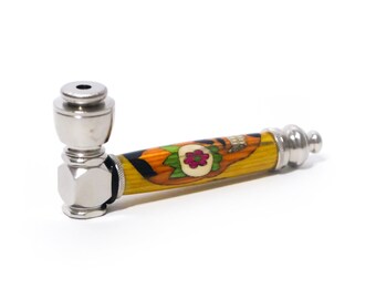 Yellow Sugar Skull Orange Face Wooden Inlay Handcrafted Pipe | Aluminum Compact Travel Smoking Pipe | Recreational Pipe