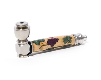 Wine and Grape Themed Wooden Inlay Handcrafted Pipe | Aluminum Compact Travel Smoking Pipe | Recreational Pipe