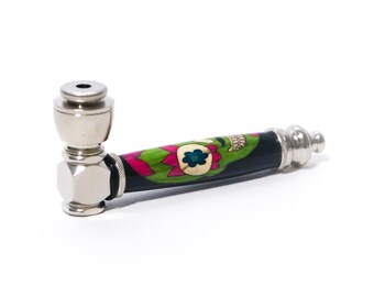 Black Sugar Skull Green Face Wooden Inlay Handcrafted Pipe | Aluminum Compact Travel Smoking Pipe | Recreational Pipe
