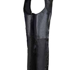 May include: Black leather motorcycle chaps with a belt and buckle closure at the waist. The chaps have a braided leather detail along the outer seam and snap closures at the bottom of the legs. The chaps are designed to be worn over pants.