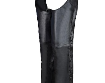 Women Black Braided Motorcycle Cowhide Leather Chaps