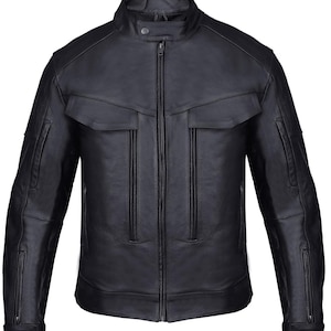 May include: A black leather jacket with a stand-up collar and a full-length zip. The jacket has two chest pockets, two side pockets, and zipped cuffs. The design is classic and streamlined.