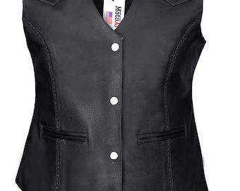 Women Black Braided Cowhide Leather Vest