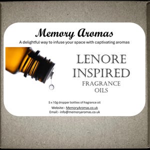 May include: A cardboard box with a white label. The label reads "Memory Aromas" and "LENORE INSPIRED FRAGRANCE OILS." An amber glass dropper bottle is shown with a drop of oil falling. The box contains 5 x 10g bottles.