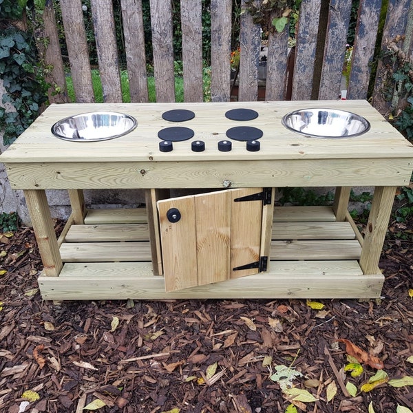 Fully treated, backless 2 bowl mud kitchen with pretend play ‘oven’ / cupboard