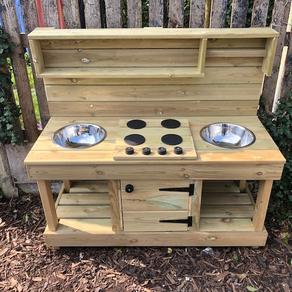 Fully treated double bowl mud kitchen with play ‘oven’ / cupboard and raised worktop