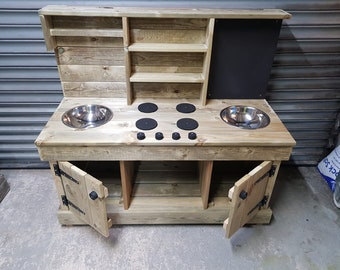 Fully planed and pressure treated double bowl, double cupboard mud kitchen
