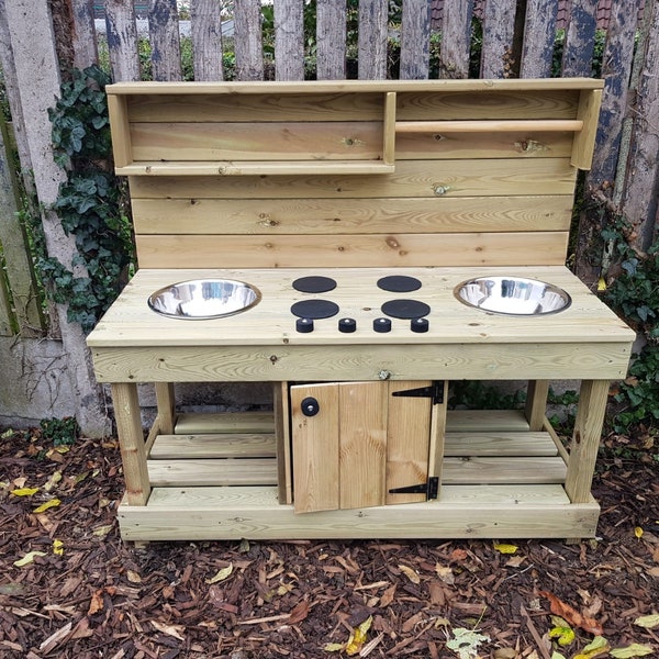 Fully treated, double bowl mud kitchen with pretend play ‘oven’ / cupboard