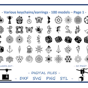 Various keychains/earrings - 100 models - Digital files for Laser Cutting, 3D Printing