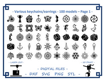 Various keychains/earrings - 100 models - Digital files for Laser Cutting, 3D Printing