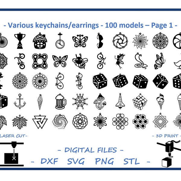 Various keychains/earrings - 100 models - Digital files for Laser Cutting, 3D Printing