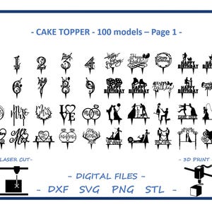 Op de afbeelding: Zwart-witte digitale taarttopperontwerpen. De ontwerpen omvatten nummers, woorden en afbeeldingen. De tekst omvat "Happy Birthday", "Game Over", "Mr & Mrs", "Love" en "The Best is Over".