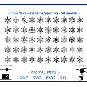 Schneeflocke Schlüsselanhänger/Ohrringe - 50 Modelle - Digitale Dateien für Laserschnitt, 3D-Druck