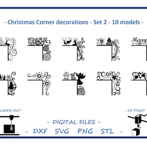 Może przedstawiać: Zestaw 10 czarno-białych plików cyfrowych do cięcia laserowego lub druku 3D. Pliki zawierają świąteczne dekoracje narożne o różnych wzorach, w tym renifery, płatki śniegu, dzwonki i choinkę. Tekst "Merry Christmas" jest zawarty w jednym z wzorów.