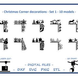 Może przedstawiać: Czarno-białe dekoracje narożne bożonarodzeniowe z różnymi wzorami, w tym Świętym Mikołajem, płatkami śniegu i choinkami. Tekst brzmi "Christmas Corner decorations - Set 1 - 10 models - DIGITAL FILES - DXF SVG PNG STL".