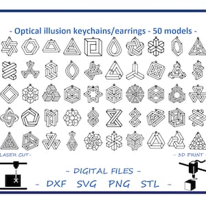 Optical illusion keychains/earrings - 50 models - Digital files for Laser Cutting, 3D Printing