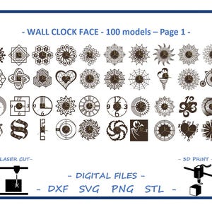 Puede incluir: Una página con 100 diseños diferentes de carátulas de reloj para corte por láser o impresión 3D. Los diseños son en blanco y negro y presentan una variedad de formas geométricas, incluyendo círculos, cuadrados y estrellas. El texto "WALL CLOCK FACE - 100 models - Page 1 -" está en la parte superior de la página. El texto "LASER CUT -" está en la parte inferior izquierda de la página. El texto "3D PRINT -" está en la parte inferior derecha de la página. El texto "DIGITAL FILES - DXF SVG PNG STL -" está en el centro de la página.