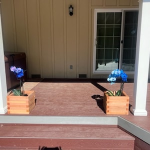 May include: Two wooden square planters, each holding a blue orchid, sit on a wooden deck. The planters are made of light-colored wood. The scene is outdoors, with a house and sliding glass door in the background.