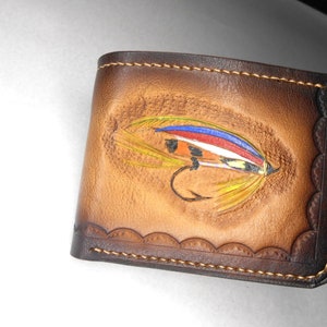 Leather bifold wallet. Salmon fly