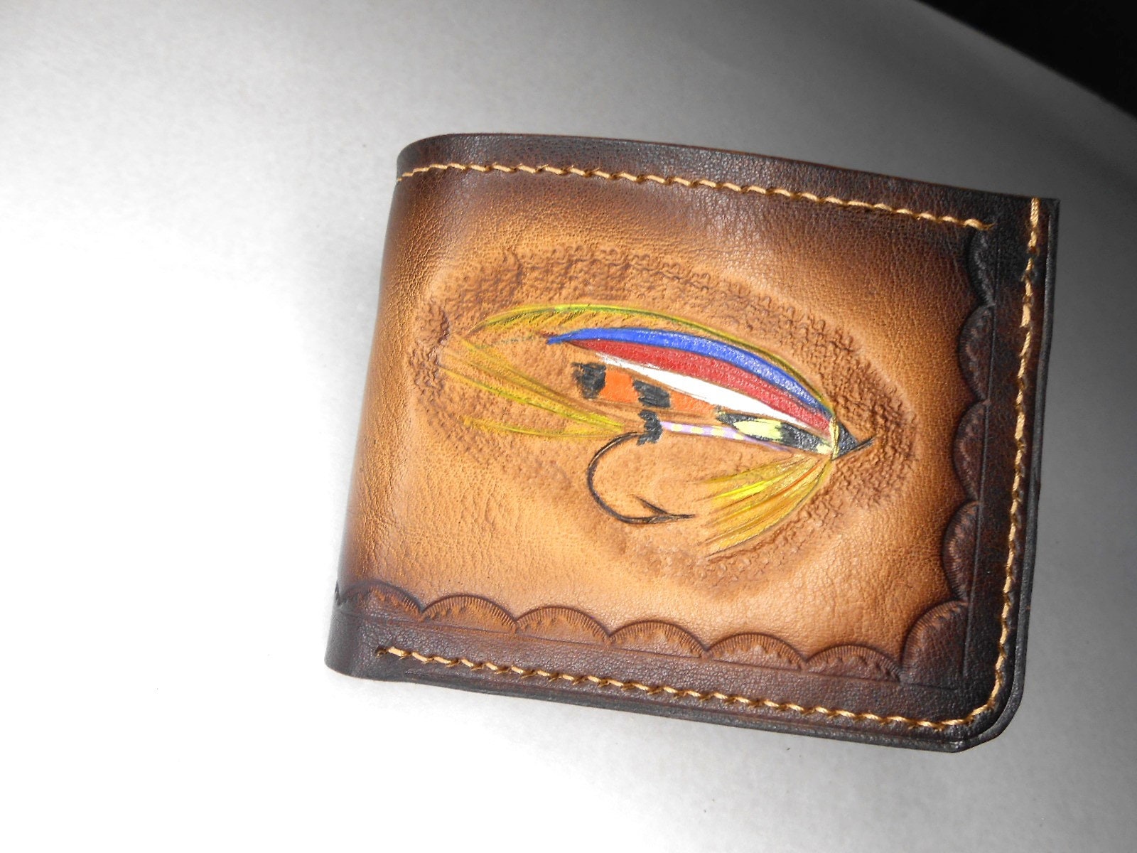 Leather bifold wallet. Salmon fly