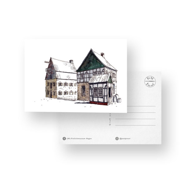 Postkarte "Freilichtmuseum Hagen" A6 | Fachwerk | Pottpinsel | Kunst | Zeichnung | Urban Sketching | Grußkarte | Ausflug