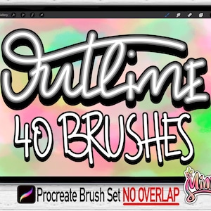 May include: A digital illustration of a tablet screen displaying a Procreate brush set called "Outline 40 Brushes". The text is in a white outline with a black fill and is set against a colorful, abstract background. The text "No Overlap" is also visible on the screen.
