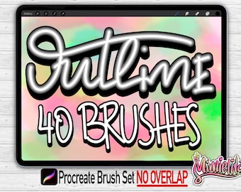 Könnte beinhalten: Eine digitale Illustration eines Tablet-Bildschirms, auf dem ein Procreate-Pinselset namens "Outline 40 Brushes" angezeigt wird. Der Text ist in weißer Umrandung mit schwarzer Füllung und vor einem bunten, abstrakten Hintergrund platziert. Der Text "No Overlap" ist ebenfalls auf dem Bildschirm zu sehen.
